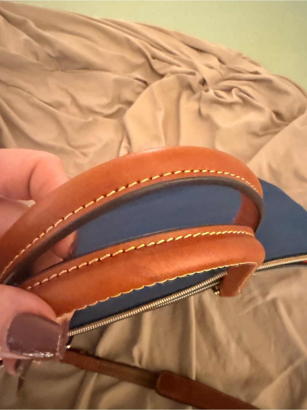 Blue Women's Tote Bag with Brown Trim - Picture 7 of 11